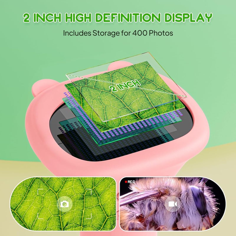 Ashfly Kids Magnifying Glass, 2.0 Inch Digital Screen Mini Pocket Microscope for Bug - 200x Zoom Handheld Microscope with Adjustable Lights, Edu Birthday Gifts for Age 3-12 Girls - Image 2